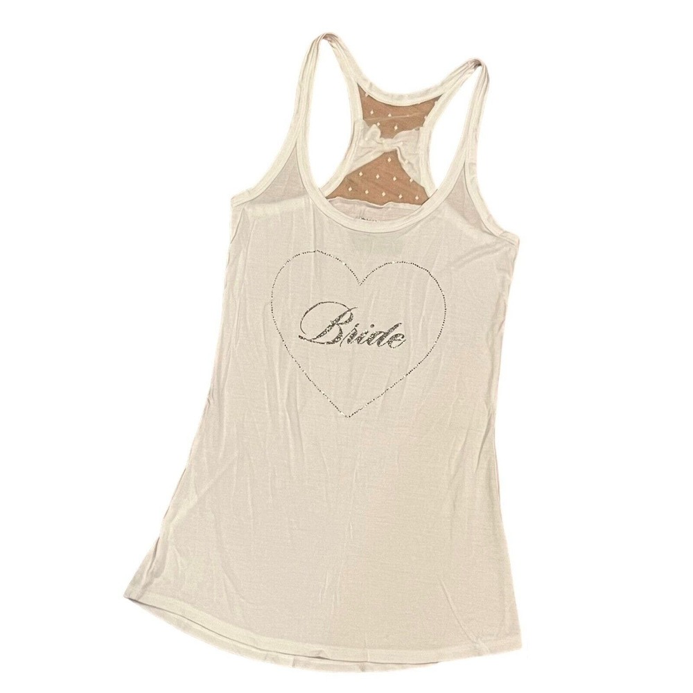 Victoria's Secret White I Do Bride BLING Rhinestone Heart Lace Bow Tank Top Sz S